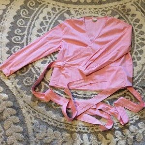 Cotton, striped, cross over shirt. Very long ties.